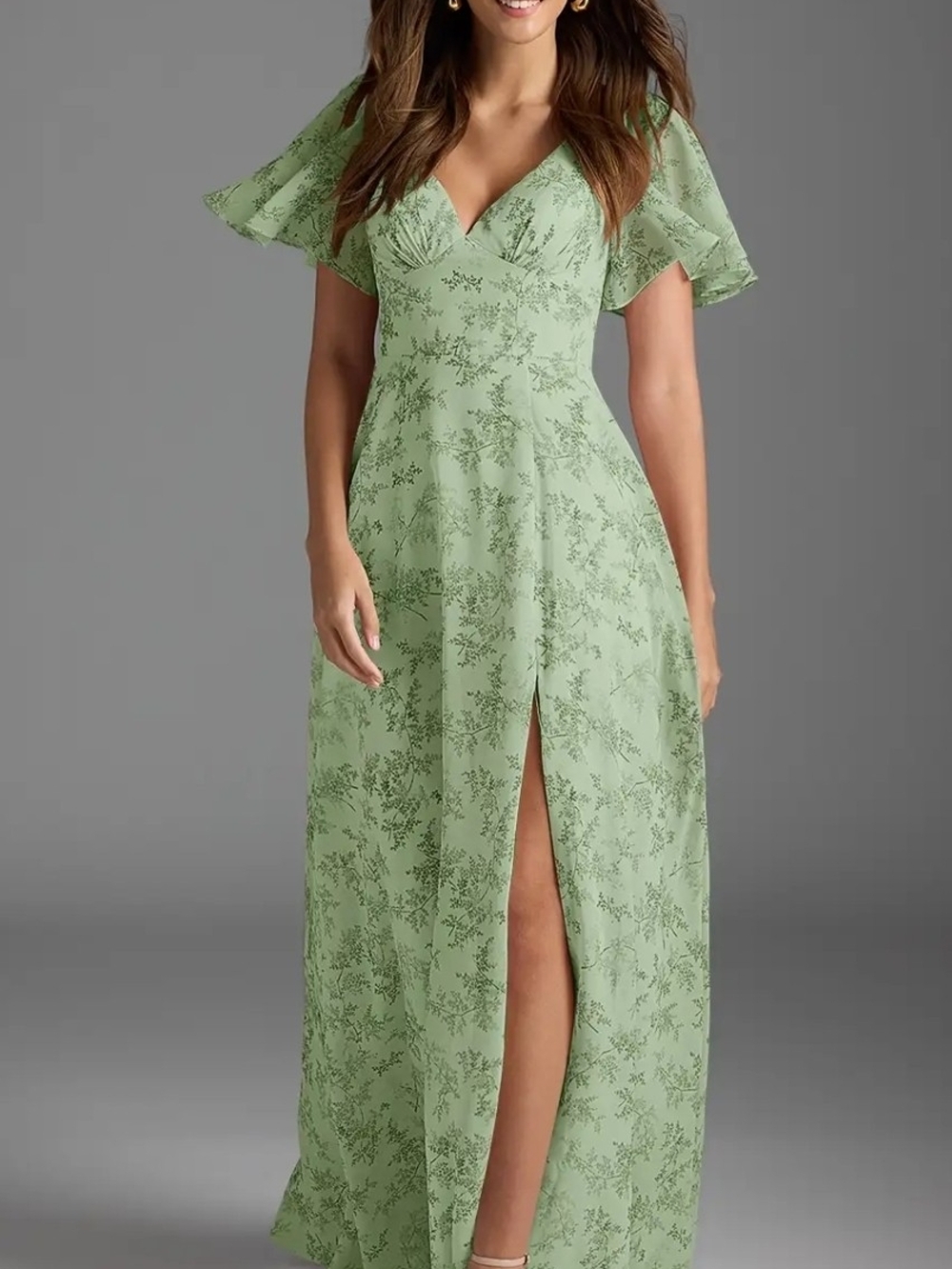 Sage Green Floral Maxi Dress with Tie Back And Flutter Sleeves